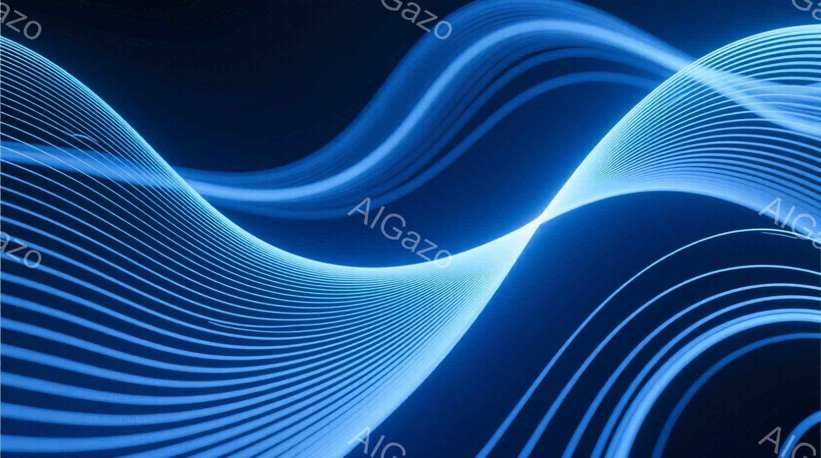 この画像は、光の帯が絡み合い、抽象的な模様を形作っている様子を捉えています。青色のグラデーションが、未来的なエネルギーの流れや、光の軌跡を表現しており、背景は暗闇の中に浮かび上がる光の芸術作品のようです。全体的に、流動的で神秘的な雰囲気が漂っています。