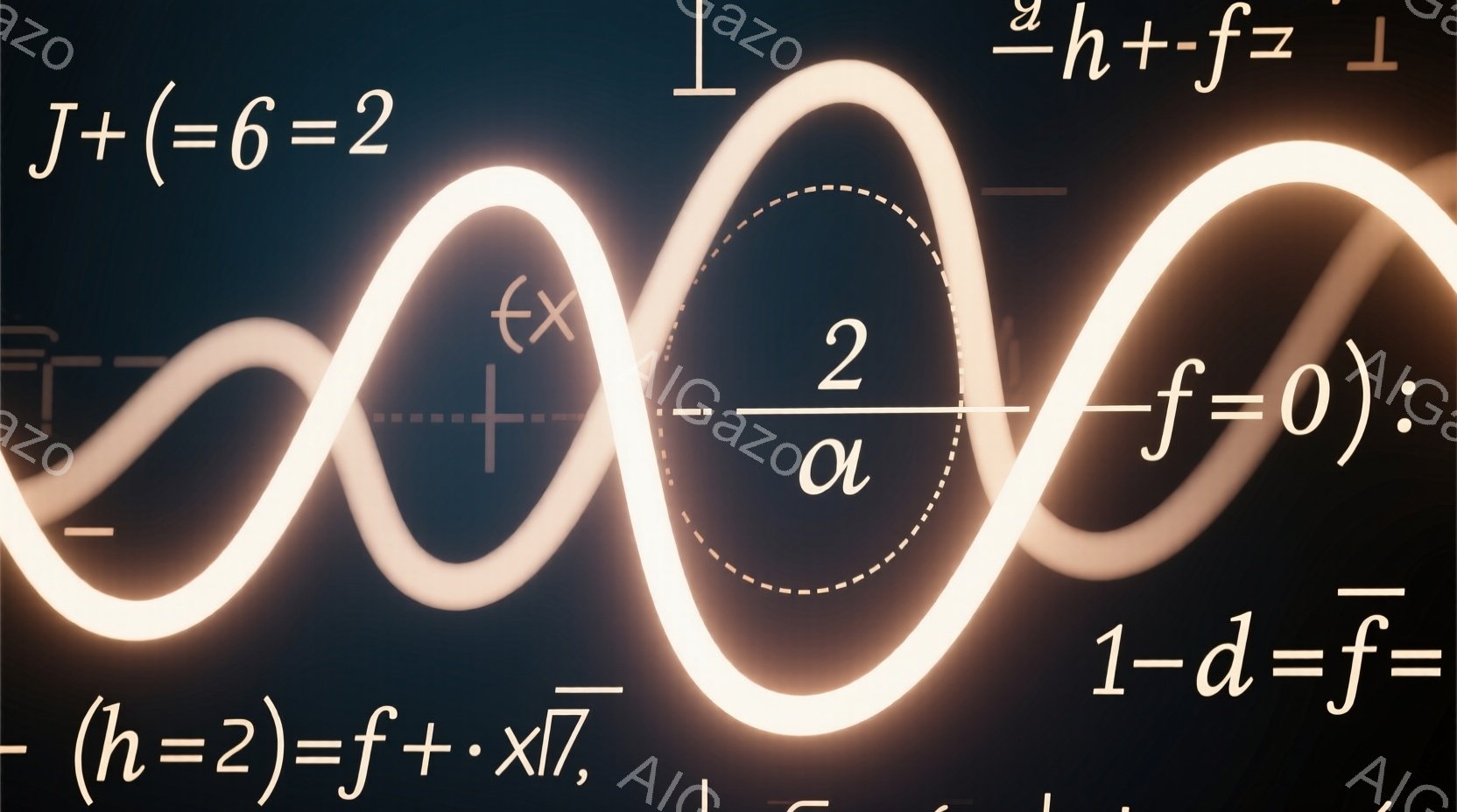 鮮やかな白い波線が暗い背景を曲線的に駆け抜けており、複雑な数式がその周りに配置されている。数式はギリシャ文字や記号を含み、物理学や数学のコンテキストを示唆している。 全体的に、科学的または抽象的な概念を視覚的に表現したイメージである。