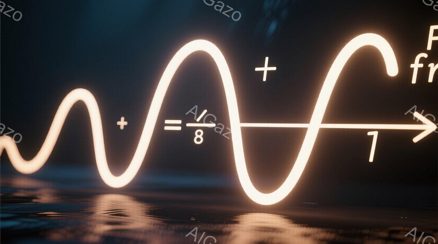 暗い背景に、明るい光る波の形が描かれています。波は滑らかで、水面に反射して光を増幅させています。波の真ん中には「+」記号と分数「1/8」があり、光の線で描かれた水平線上に配置されています。