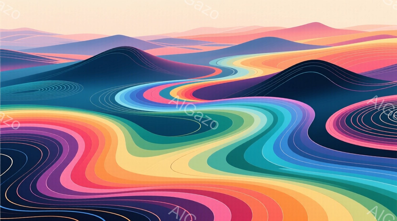 鮮やかな色彩の線が波のように連なり、抽象的な風景を描き出しています。線は赤、オレンジ、黄色、緑、青、紫とグラデーションで変化し、まるで光の帯がうねるように広がっています。背景は淡いピンクとオレンジのグ - AI生成フリー素材