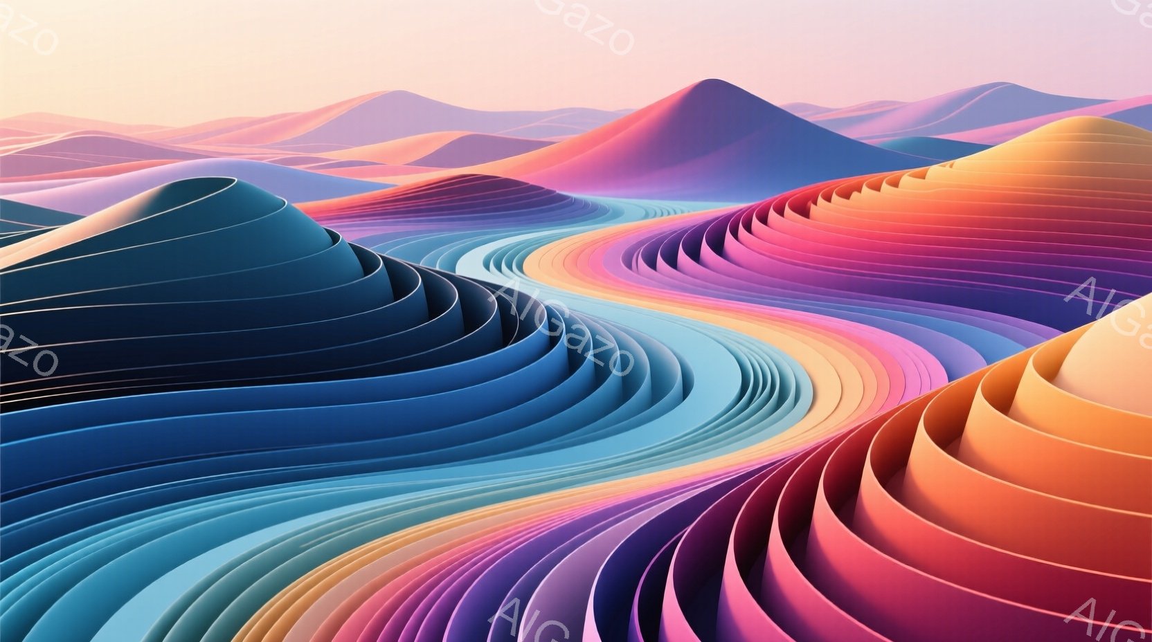 鮮やかな色彩の波打つ地形が広がり、まるで万華鏡のような視覚的体験を提供している。各層は虹色に変化し、滑らかで有機的な曲線が連続して、夢幻的な風景を作り出している。背景はぼやけており、地形の抽象性と色彩の鮮やかさが強調されている。