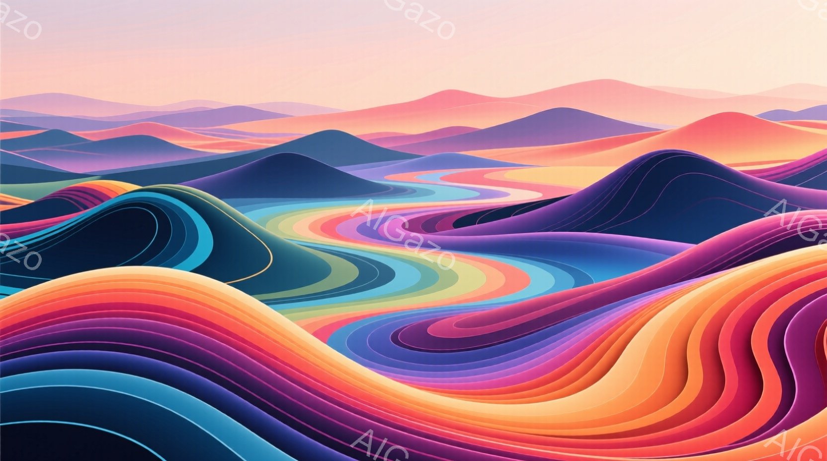 鮮やかな色彩の波状の地形が連なる風景が描かれています。オレンジ、ピンク、青、緑などの色彩が重なり合い、まるで万華鏡のような視覚効果を生み出しています。遠くには霞んだ山々が見え、全体的に夢幻的で抽象的な雰囲気を醸し出しています。