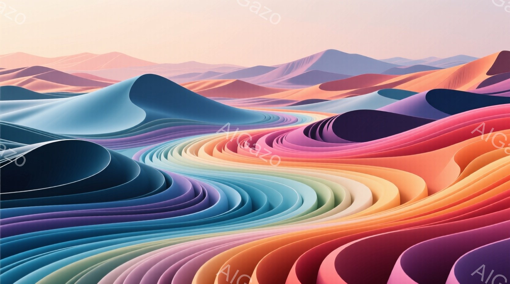 滑らかで曲線的な色の帯が、まるで波のように連なり、奥行きのある風景を形成しています。紫、青、緑、黄色、オレンジ、赤、ピンクといった鮮やかな色彩が、視覚的に心地よいグラデーションを生み出しています。背景はぼやけており、抽象的な色彩の風景が広がっている印象を与えます。