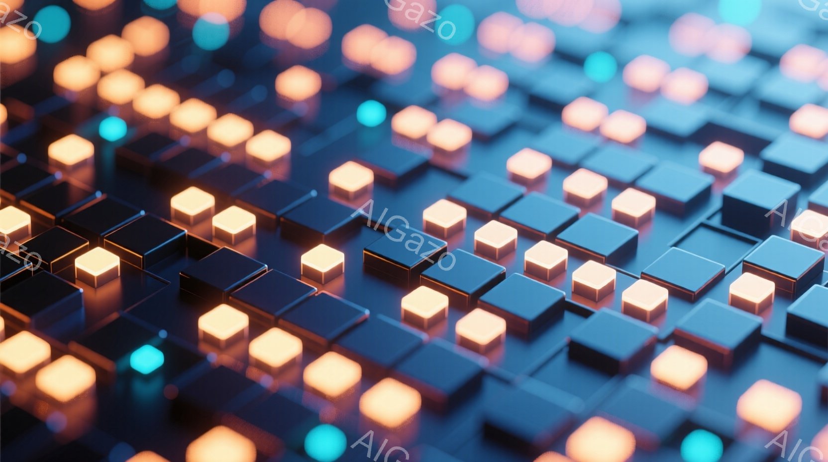 画像は、光沢のある立方体が密集して並んだ、デジタルな抽象的な背景です。オレンジ色と水色の立方体が、まるで回路基板のように複雑に配置され、未来的な印象を与えます。全体的に鮮やかで、テクノロジーやデータ、仮想空間を想起させるような雰囲気です。