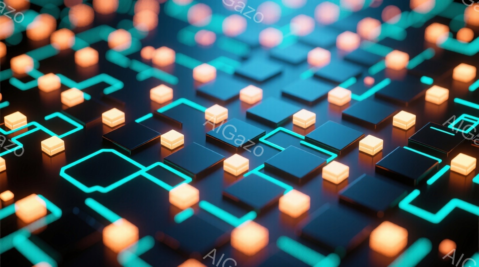 鮮やかなターコイズブルーの線が複雑に絡み合い、黒色の立方体が配置された抽象的な背景が広がっています。立方体はオレンジ色の光を放ち、まるで回路やネットワークのような印象を与えます。全体として未来的なテク - AI生成フリー素材