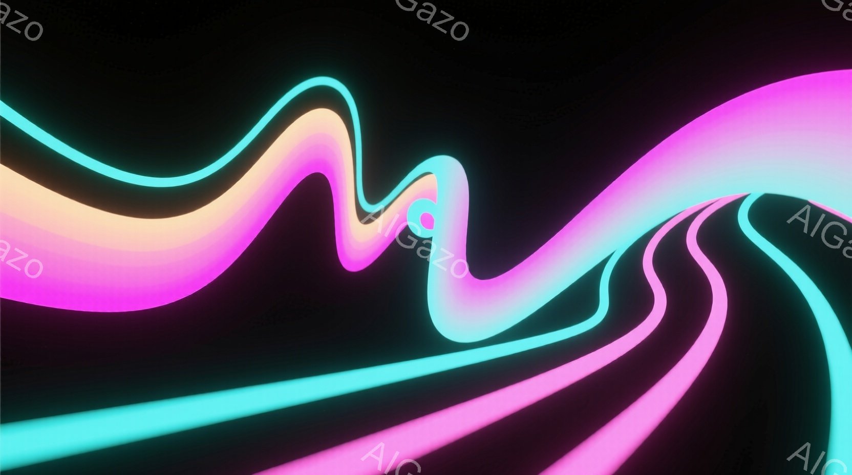 鮮やかなネオンカラーの帯が、黒い背景を背景に流れるような曲線を描いている。ピンク、紫、水色、黄色などのグラデーションが美しく、光沢のある質感と流動感が際立っている。まるで光の帯が空間を漂っているかのよ - AI生成フリー素材