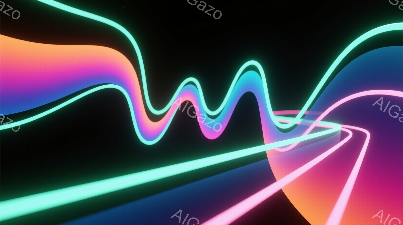 暗い背景にネオンカラーの線がうねりながら流れる様子が描かれています。ピンク、オレンジ、ターコイズブルーのグラデーションが鮮やかで、光の軌跡が未来的な印象を与えます。背景は完全に黒であり、光の線が際立ち、ダイナミックで抽象的な雰囲気を醸し出しています。