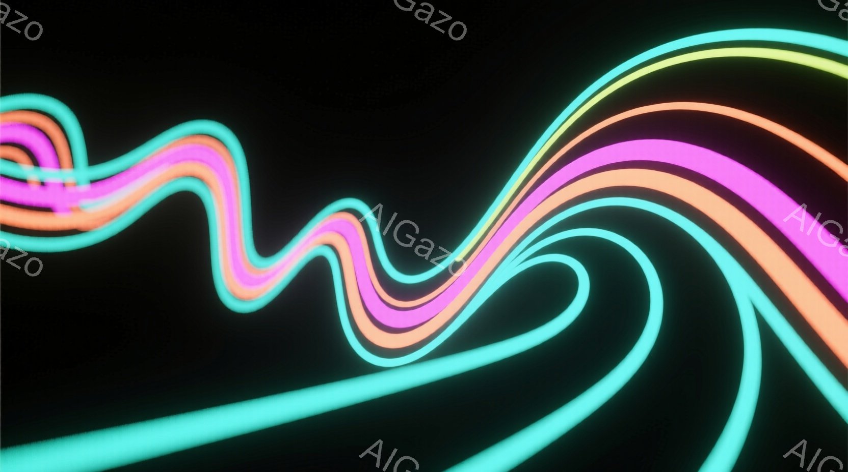 鮮やかなネオンカラーの帯が、黒い背景を曲線的に駆け抜けている様子が描かれています。ピンク、オレンジ、黄緑、水色の帯は、光沢があり、まるでエネルギーの流れのように見えます。背景は完全に暗く、帯の鮮やかさ - AI生成フリー素材