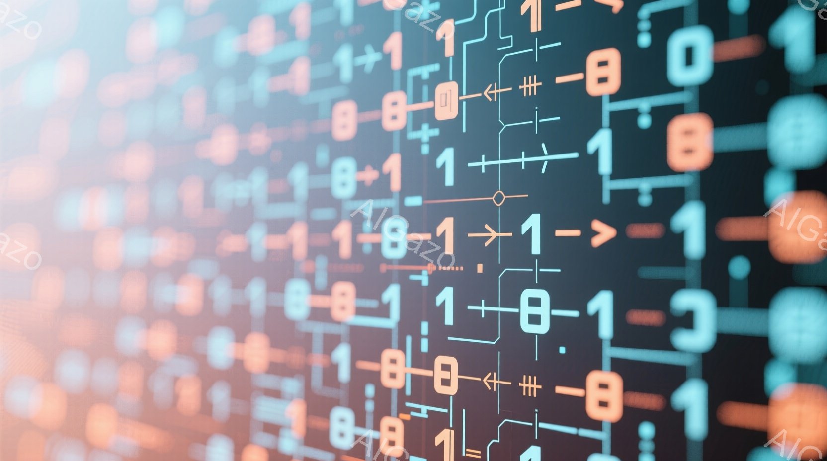 この画像は、青とオレンジ色のデジタル回路が背景全体に広がった抽象的な表現です。数字の「1」や記号「+」などが、回路の一部として繰り返し配置されており、未来的なテクノロジーやデータ処理を想起させます。全 - AI生成フリー素材