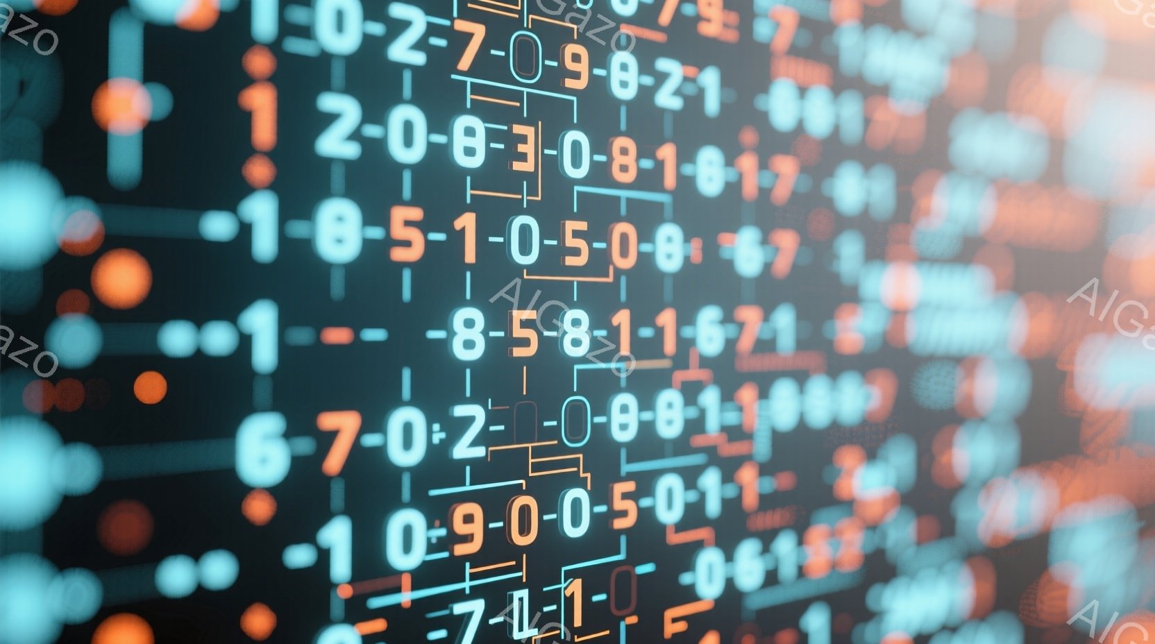 この画像は、デジタルな背景で構成され、鮮やかなオレンジと青色の数字と記号が網の目のように配置されています。数字はランダムに見え、まるでコンピューターコードやデータストリームのようであり、未来的な印象を - AI生成フリー素材