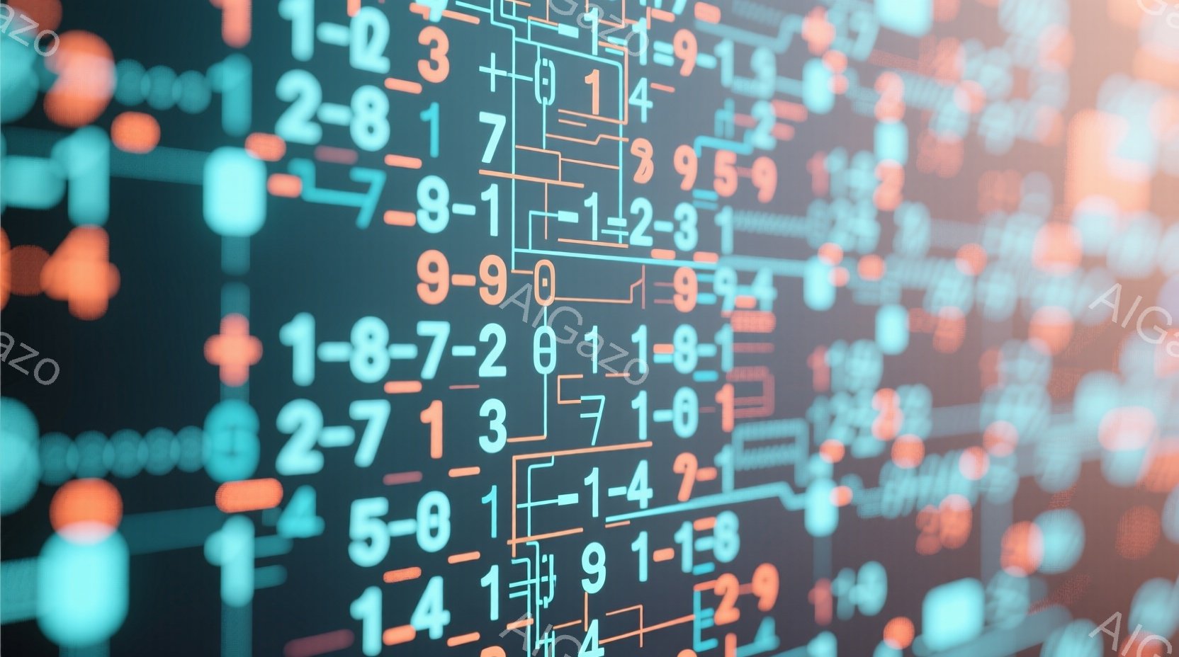 この画像は、鮮やかなターコイズブルーを背景に、様々な大きさの数字と数学記号（+、-、＝）がランダムに配置された抽象的なデジタルイメージです。数字や記号はオレンジ色と白で表現され、未来的な、テクノロジー感のある雰囲気を醸し出しています。全体的に、デジタル空間やデータストリームを連想させる、抽象的で視覚的に魅力的な画像です。
