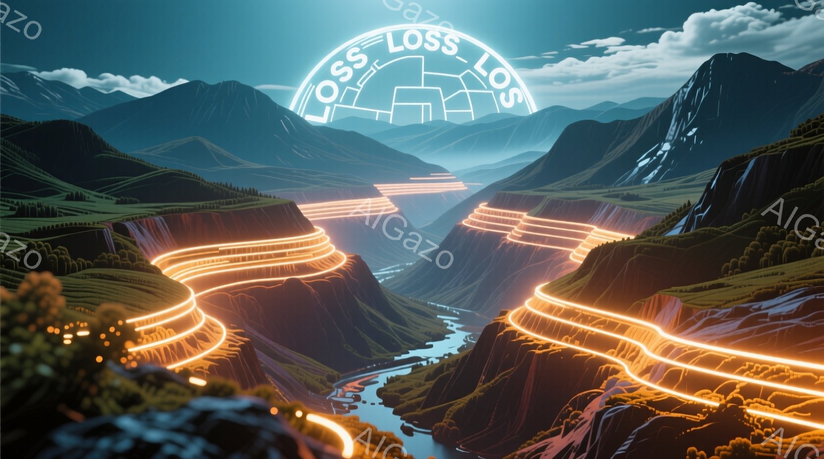 険しい山々に囲まれた深い渓谷が描かれており、そこを光るオレンジ色の線が蛇行しながら進んでいます。川が渓谷の中を流れ、両岸には緑豊かな植生が広がっており、全体的に幻想的で未来的な雰囲気を醸し出しています。この光の線は、まるで高速道路やコースのように、自然の地形に沿って流れることで、壮大なスケール感とスピード感を表現しています。