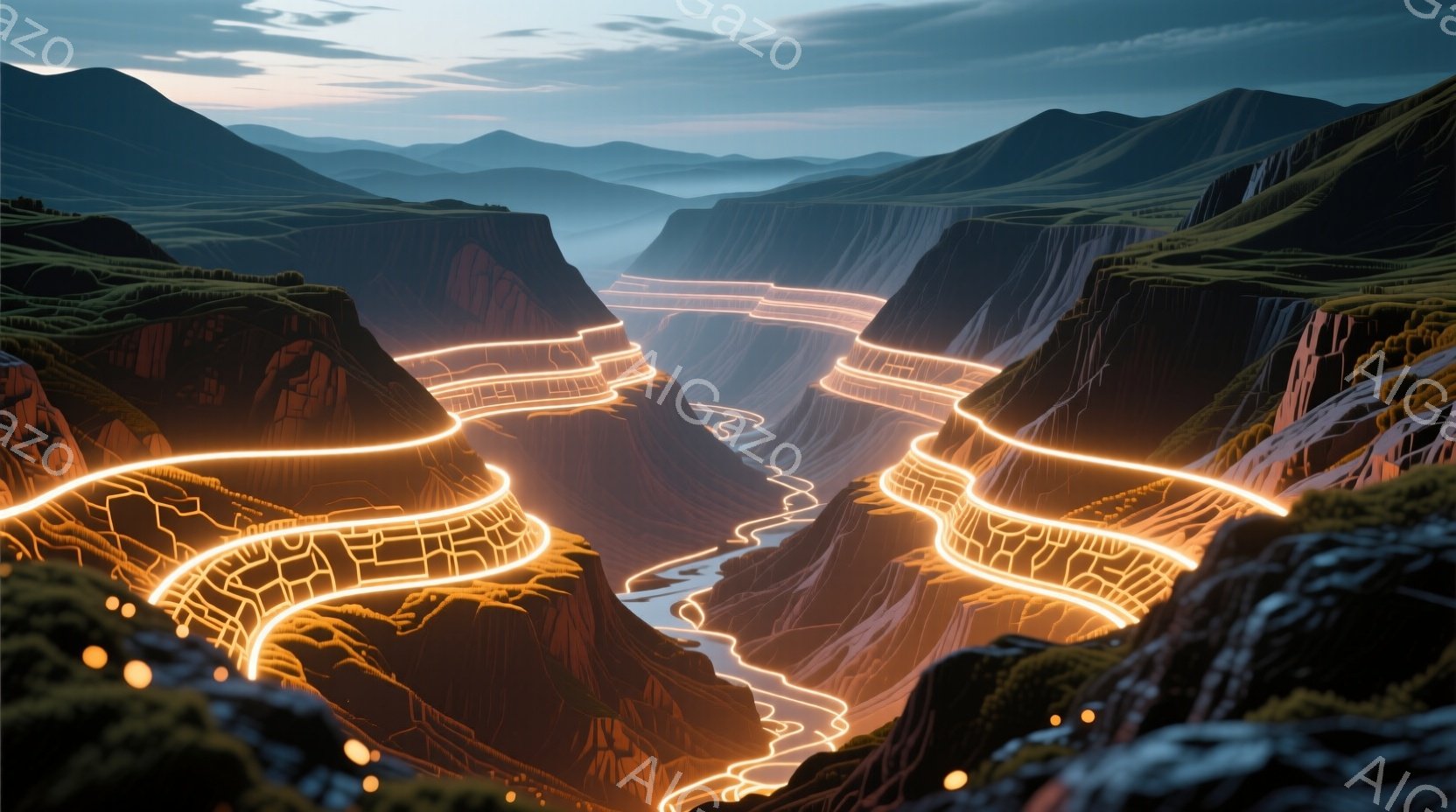 険しい峡谷が広がり、そこを光る線が複雑に蛇行している風景が描かれている。峡谷の壁は赤茶色で、頂上には緑の植生が見られ、遠くには霞んだ山々が連なっている。光る線はまるで未来都市の道路網のようで、周囲の自然とのコントラストが印象的で、神秘的で幻想的な雰囲気を醸し出している。