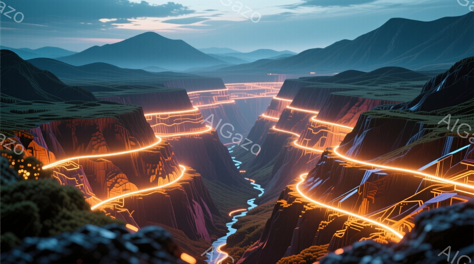 深紅色の峡谷が連なり、その底を光る線が蛇行して流れている風景だ。峡谷の壁は、光の線と対照的に暗い赤色で、遠くには青みがかった山々が連なっている。全体的に神秘的で未来的な雰囲気が漂い、まるで別の惑星の風景のようだ。