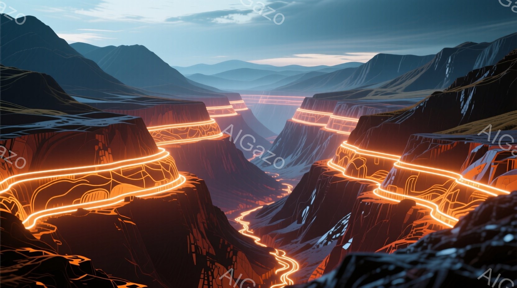 巨大な峡谷が広がり、その底を光るオレンジ色の線が蛇行して流れています。峡谷の壁は赤茶色を基調とし、影が深く、遠くには霞んだ山々が連なっています。 全体的に未来的な雰囲気で、光の線が自然とテクノロジーの融合を示唆しています。