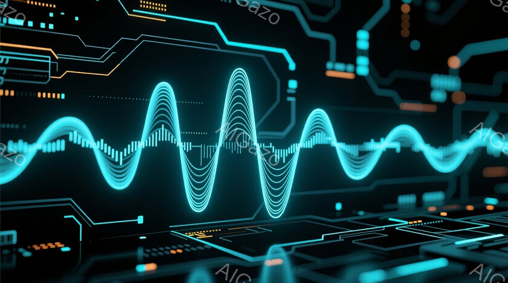 この画像は、青とオレンジの光が輝く、技術的な回路基板を背景に、青色の波形が際立って描かれています。回路は複雑なパターンで構成され、未来的な印象を与え、波形はデータの流れや信号の伝達を視覚的に表現してい - AI生成フリー素材