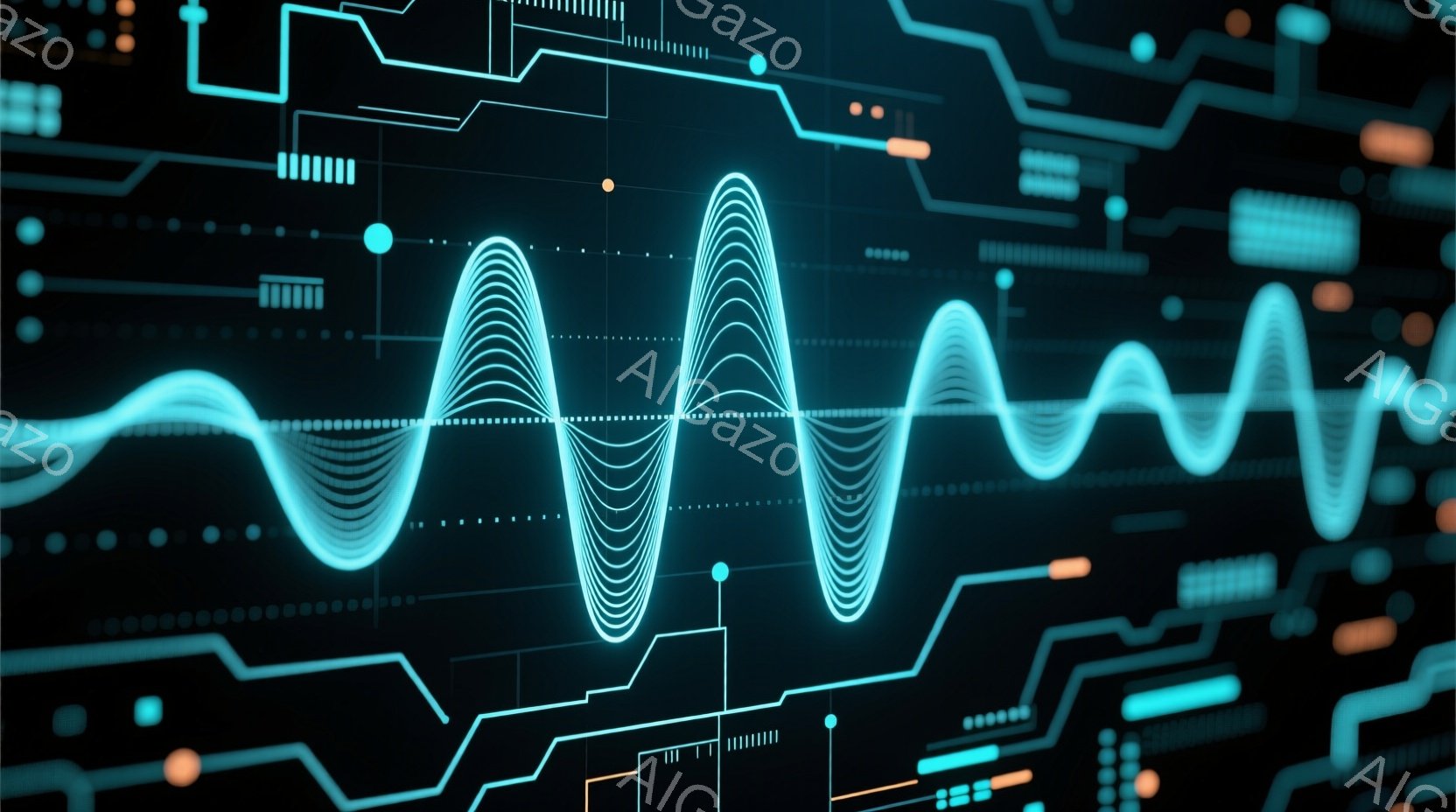 鮮やかなターコイズブルーの波形が、黒い背景に浮かび上がっています。背景には、複雑な回路図のようなデザインが広がっており、未来的な技術感と生命的なリズムが融合したイメージです。全体として、データ、信号、または生命活動を視覚化したような、モダンで抽象的な印象を与えます。