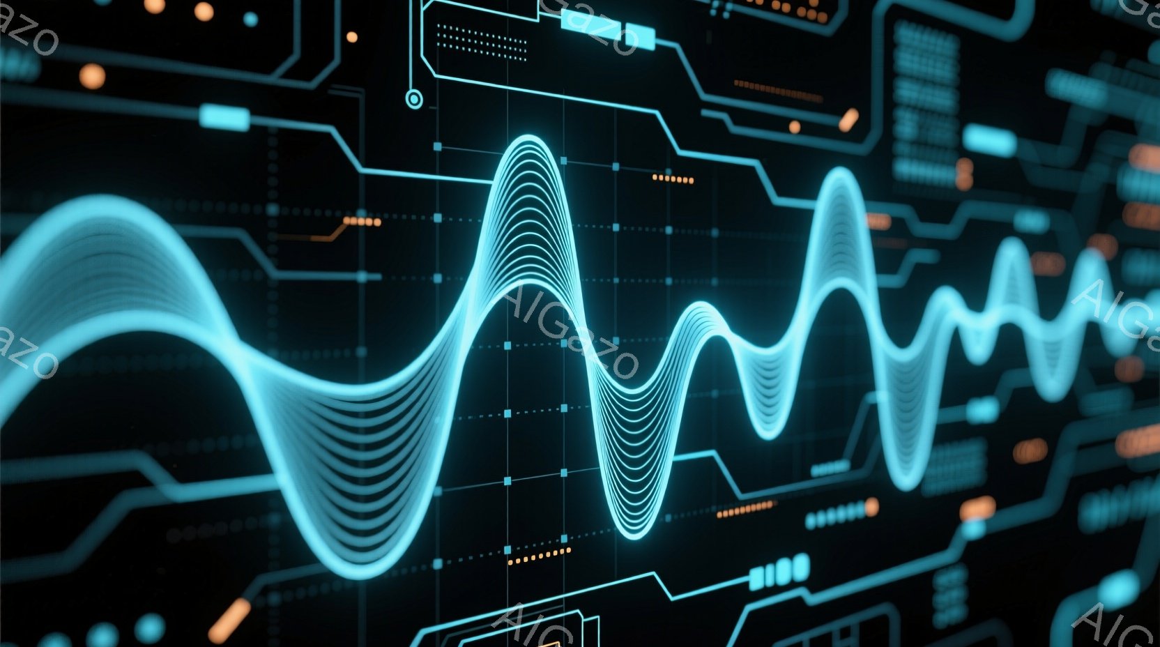 この画像は、暗い背景に青色の発光する波形が複数重なった様子を描いています。波形はテクノロジー関連の回路図のような背景の上に浮かび、未来的な印象を与えます。全体的に、科学技術やデータ解析を連想させるクー - AI生成フリー素材