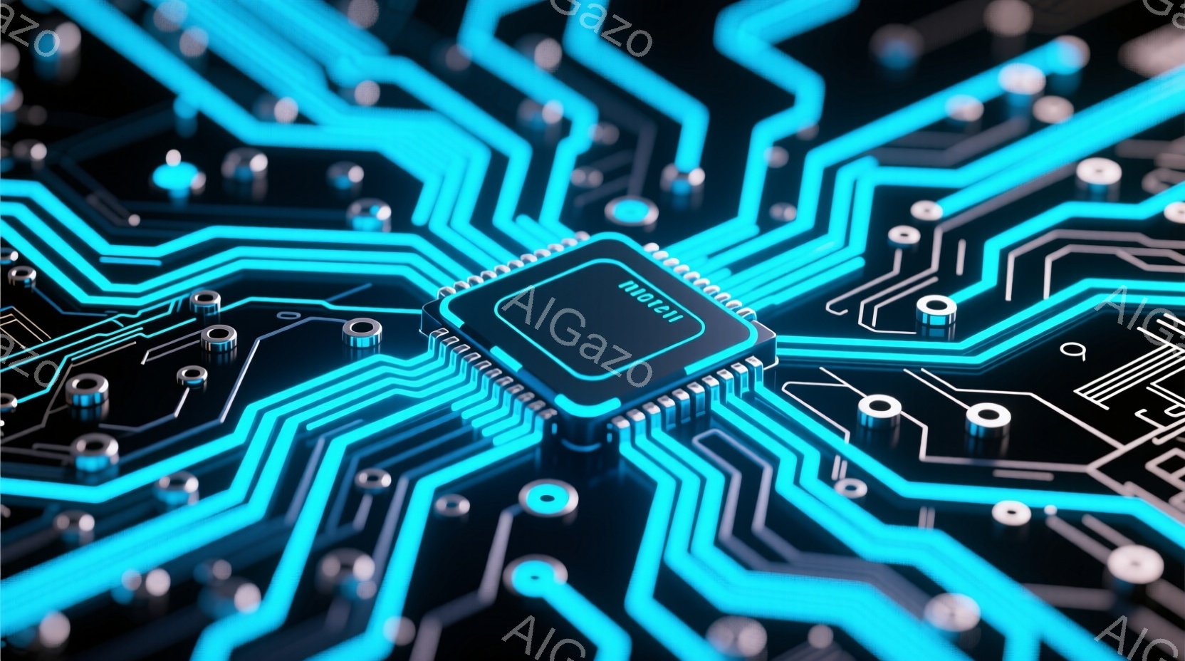 この画像は、青色の発光する回路基板をクローズアップしたものです。中央には銀色のICチップが配置され、複雑な配線がチップから放射状に広がっています。全体的に未来的な雰囲気で、テクノロジーの進歩やデジタル - AI生成フリー素材