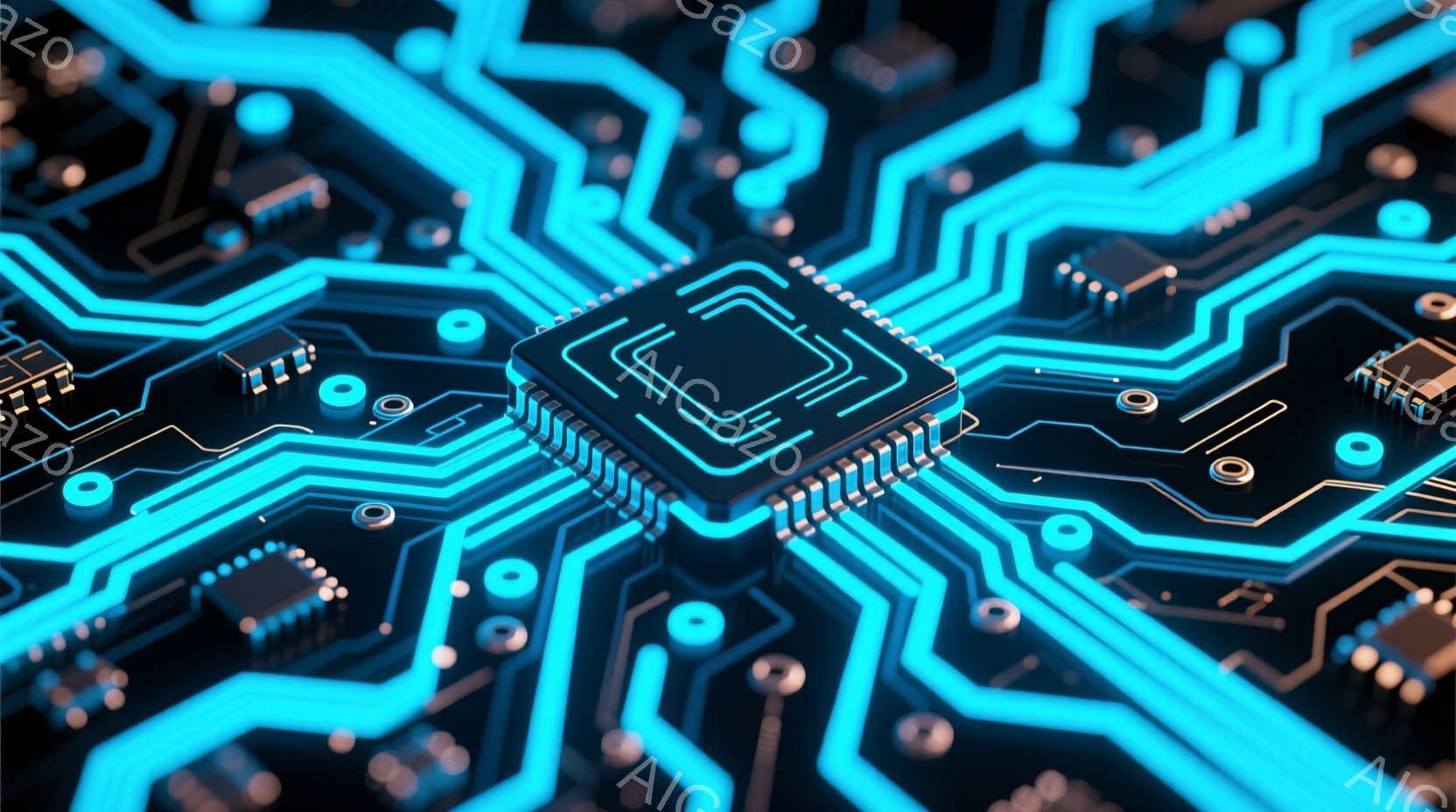 この画像は、鮮やかな青色の回路基板をクローズアップしたものです。中央には銀色のマイクロチップが配置され、周囲には様々な電子部品が並んでいます。全体的に未来的な雰囲気で、テクノロジーと精密さを強調しています。