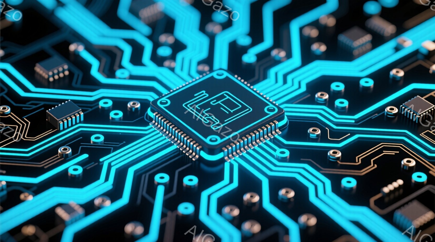 この画像は、電子回路基板をクローズアップしたもので、複雑な配線が青色と金色で光っています。中央には、ピンの付いた黒いチップが配置され、精密なテクノロジーを象徴しています。全体的に未来的で、テクノロジー - AI生成フリー素材