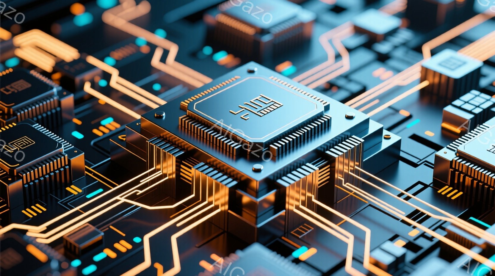 この画像は、複雑な電子回路基板のクローズアップです。鮮やかなオレンジ色と青色のラインが回路を構成し、黒いチップが所々に配置されています。全体的に未来的なテクノロジーの雰囲気があり、高度な電子機器やデジ - AI生成フリー素材