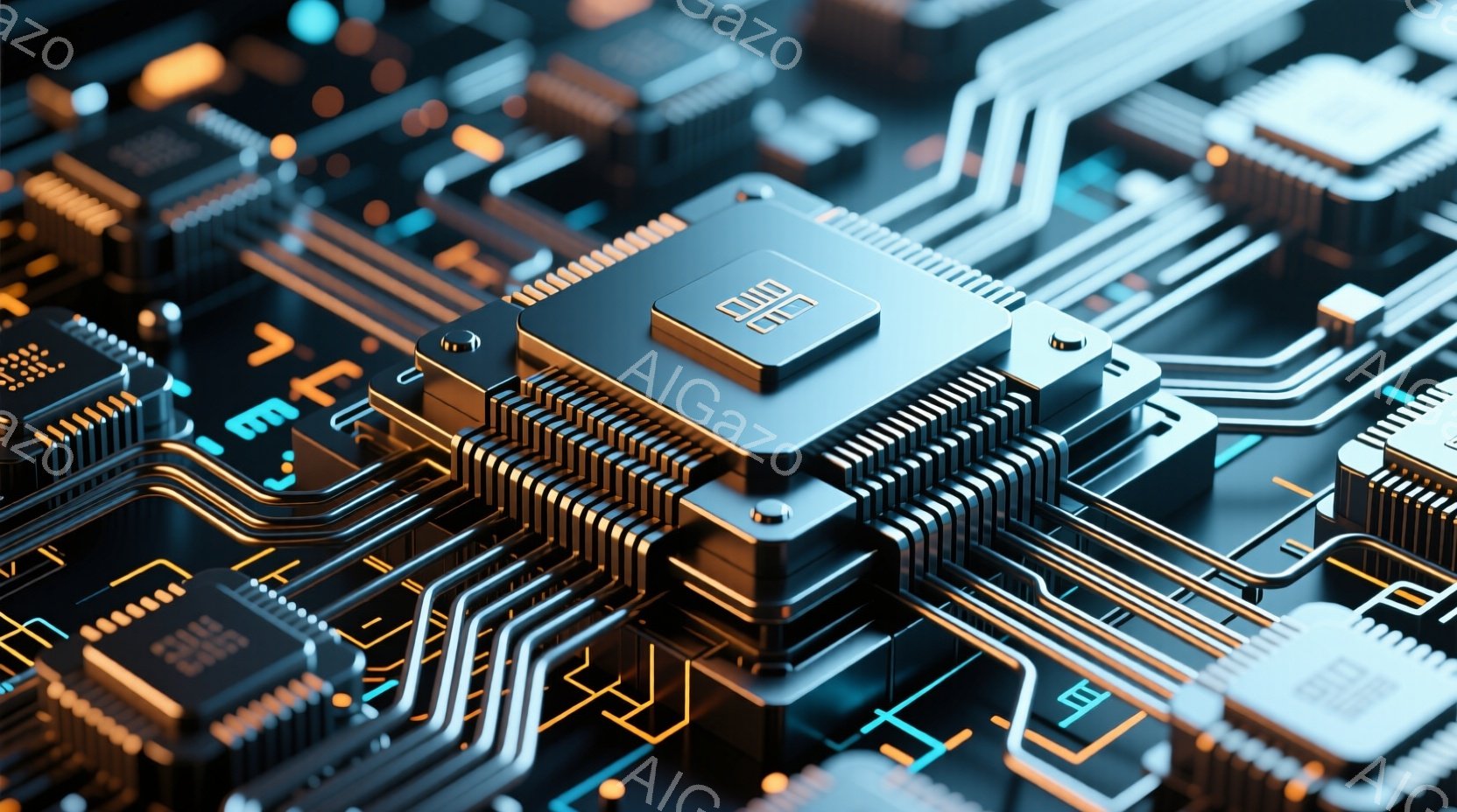 この画像は、電子回路基板のクローズアップです。金色のラインが複雑に走り、様々な電子部品が密集して配置されています。青色の背景と金色のラインのコントラストが、未来的なテクノロジーの雰囲気を醸し出していま - AI生成フリー素材