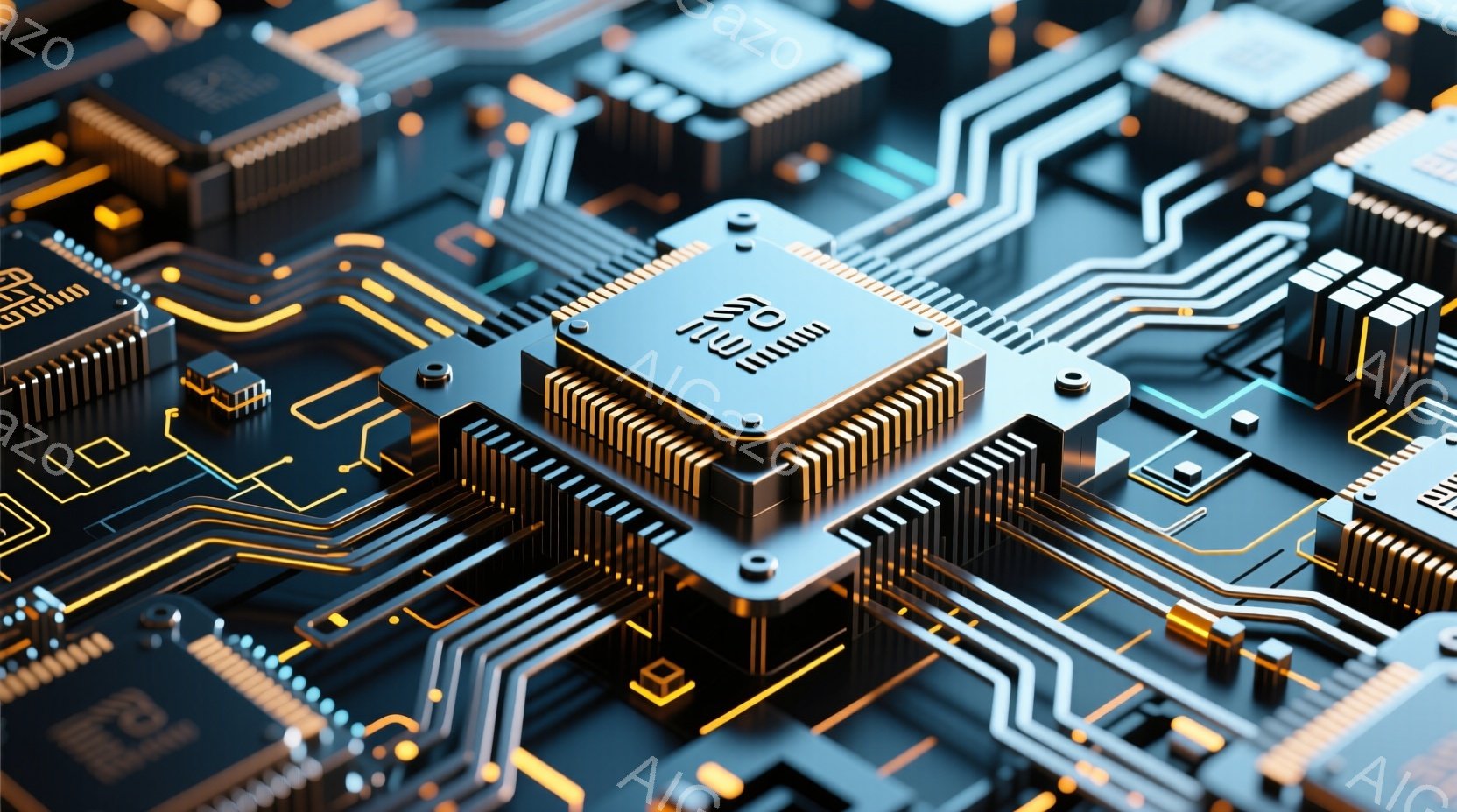 この画像は、複雑な回路基板のクローズアップであり、金色の配線が黒い基板上を網の目のように走っています。中央には、銀色のチップが配置され、回路全体を強調しています。全体的に、未来的なテクノロジーと精密さを感じさせる印象的な画像です。