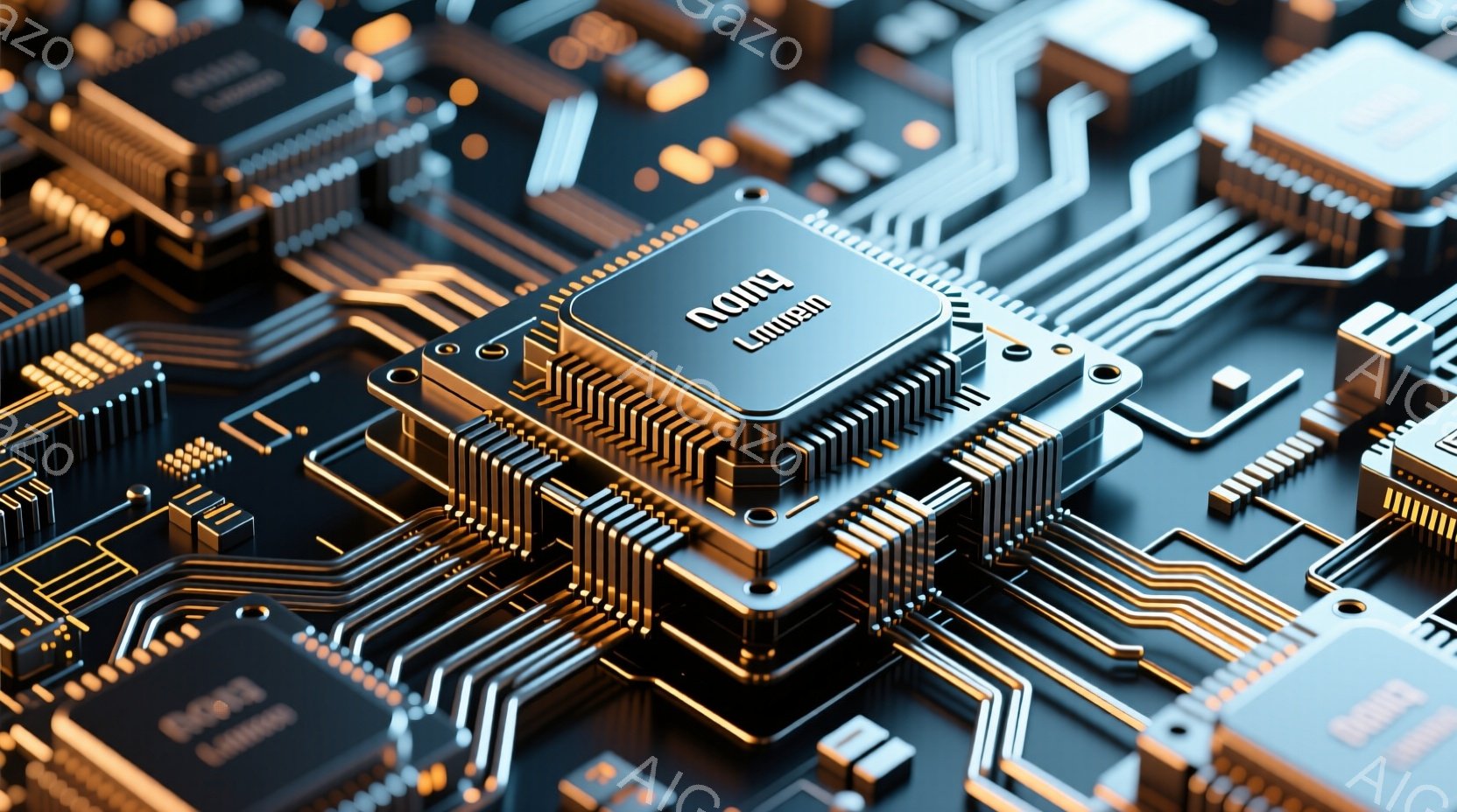 この画像は、複雑な回路基板をクローズアップしたものです。金色の線と黒色のチップが、三次元的に配置され、未来的な印象を与えます。チップには「NANYA」という文字が刻印されており、高性能な電子機器内部の部品であることが示唆されます。