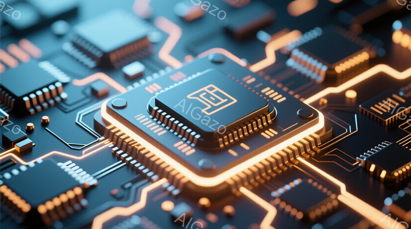 この画像は、回路基板をクローズアップしたもので、金色の光るラインが複雑に走り、未来的な印象を与えます。中央には大きなマイクロチップが配置され、さらに金色に光る枠で強調されています。背景は、同様の回路とチップで埋め尽くされ、高技術で洗練された雰囲気を作り出しています。