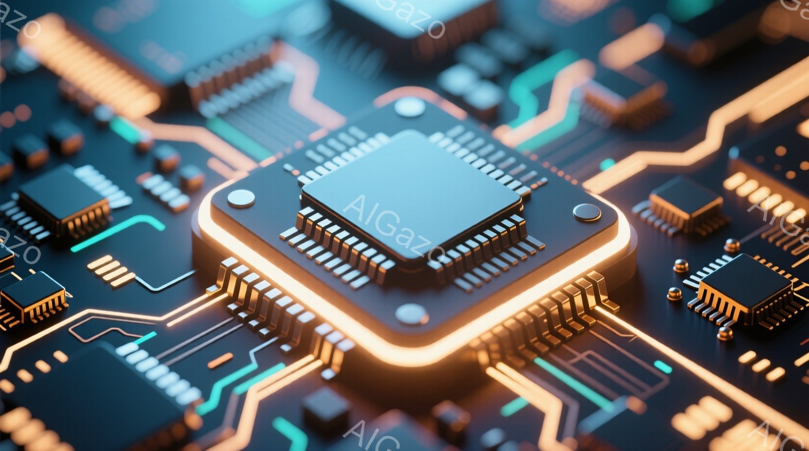 鮮やかな回路基板が広がり、中央には金色の縁取りがされた青色の半導体チップが配置されている。基板全体に光のラインが走り、未来的なテクノロジーの雰囲気を醸し出している。チップの精密な構造と基板の複雑なパタ - AI生成フリー素材