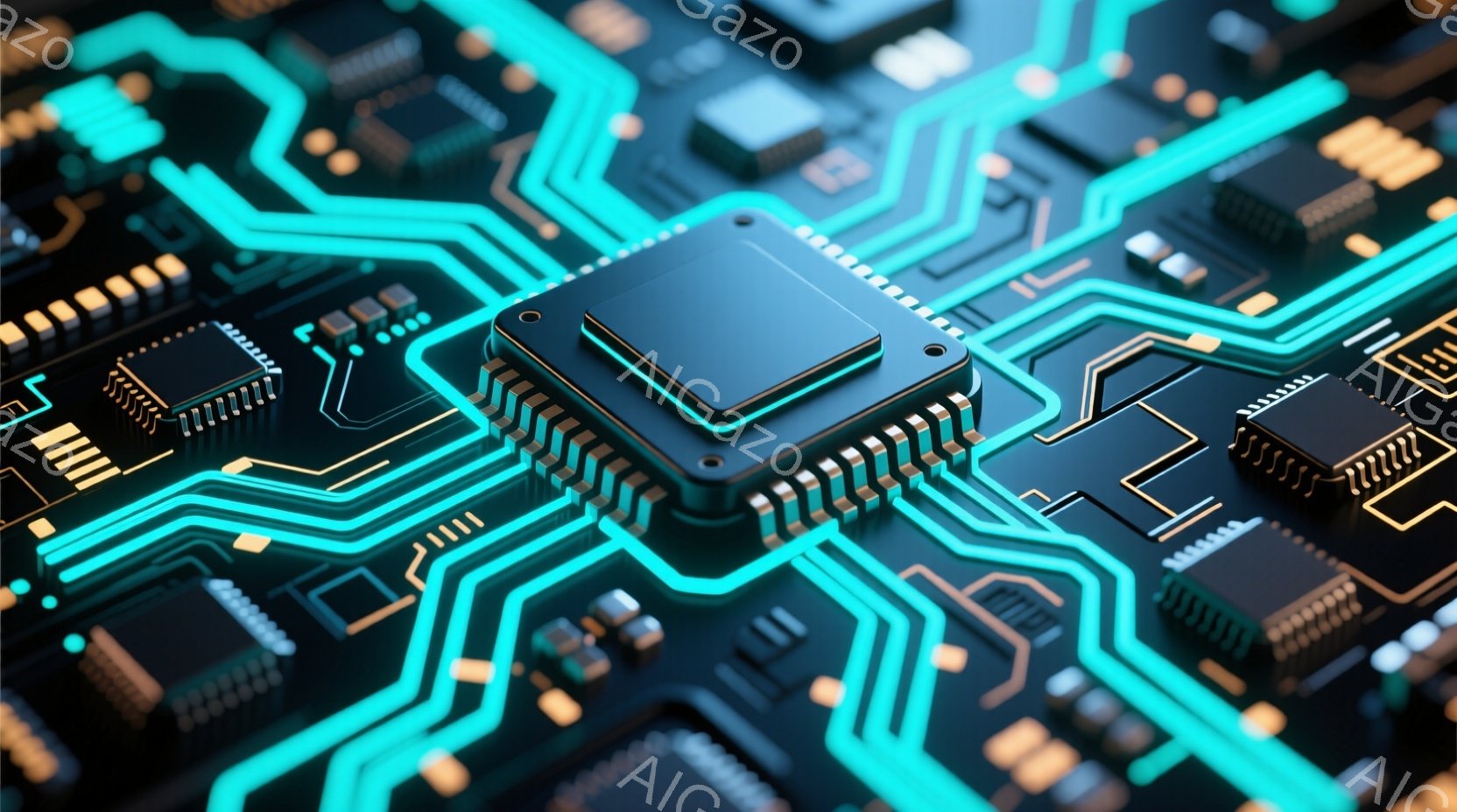 この画像は、黒い基板上に複雑な金色の回路と鮮やかなターコイズブルーの光る線が広がる様子を捉えたクローズアップです。中央には、金属製のカバーを持つ微細なチップが配置され、回路と一体化しています。全体的に - AI生成フリー素材