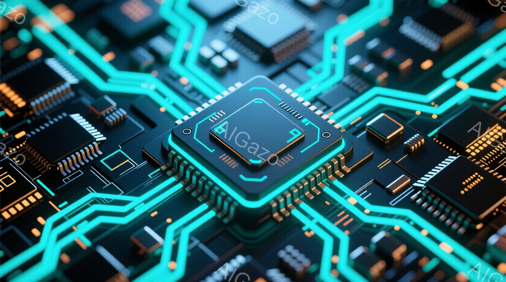 この画像は、複雑な電子回路基板のクローズアップです。ネオンブルーとオレンジのラインが、黒い基板上に光り輝き、中央には発光するCPUチップが配置されています。全体的に未来的な雰囲気で、技術的な精密さを強 - AI生成フリー素材