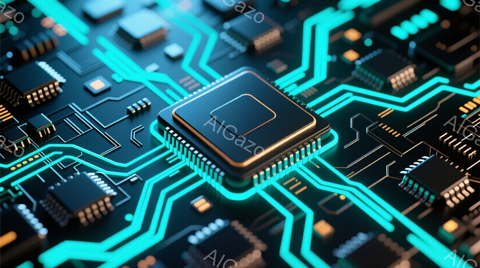 この画像は、複雑な電子回路基板のクローズアップです。鮮やかなターコイズブルーの線が基板上を走り、金色のチップや黒色の電子部品が精密に配置されています。全体的に未来的で、テクノロジーの進歩を象徴するよう - AI生成フリー素材