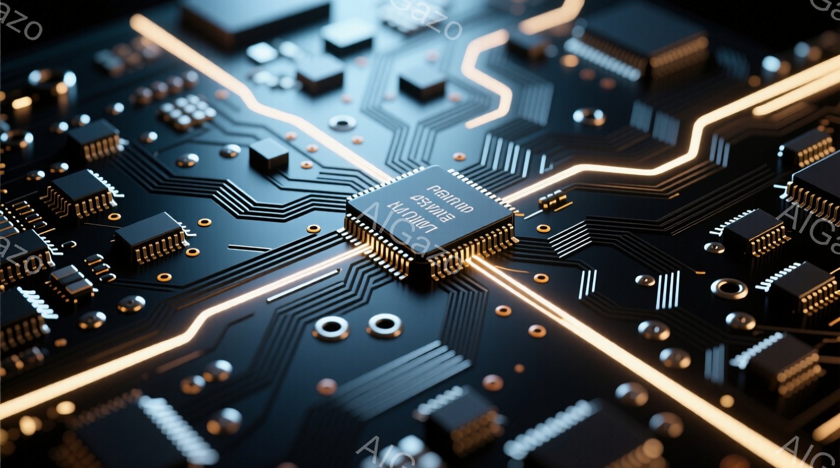 この画像は、回路基板のクローズアップであり、複雑な電子部品が密集して配置されています。金色のラインが光り輝き、黒色の基板とコントラストをなしており、未来的な印象を与えます。電子技術やデジタル世界の高度さを強調する、洗練されたイメージです。