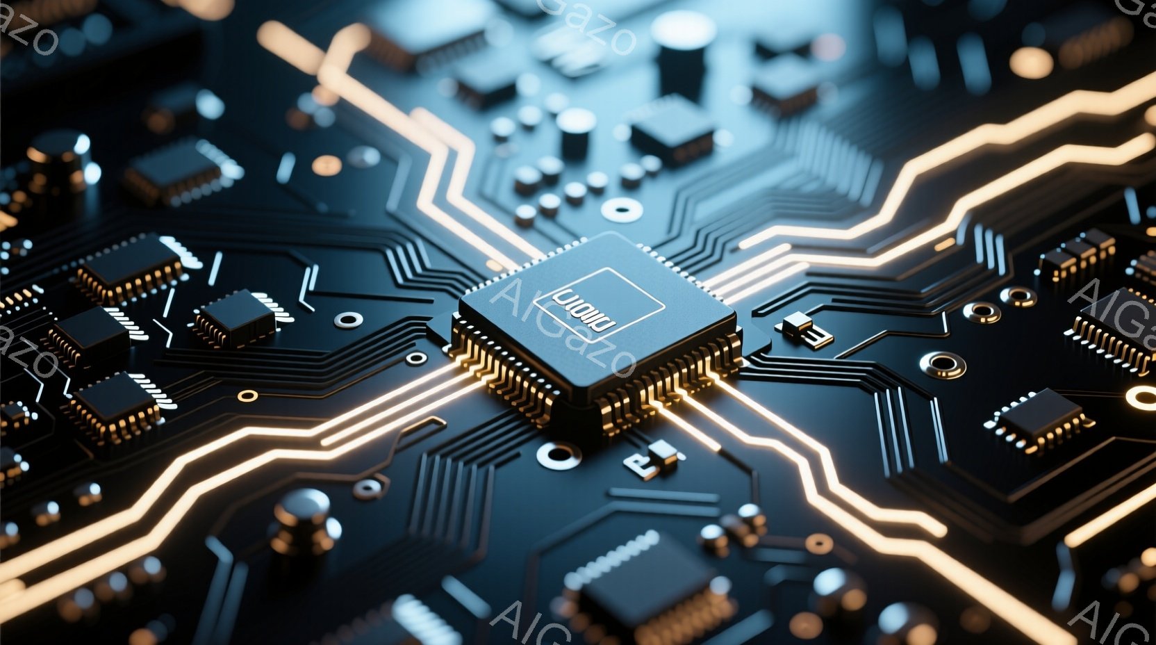 この画像は、複雑な電子回路基板をクローズアップで捉えたものです。金色の線が黒色の基板上を複雑に走り、様々な電子部品が配置されています。中心には、ロゴが入った大きなICチップが位置し、高度なテクノロジー - AI生成フリー素材