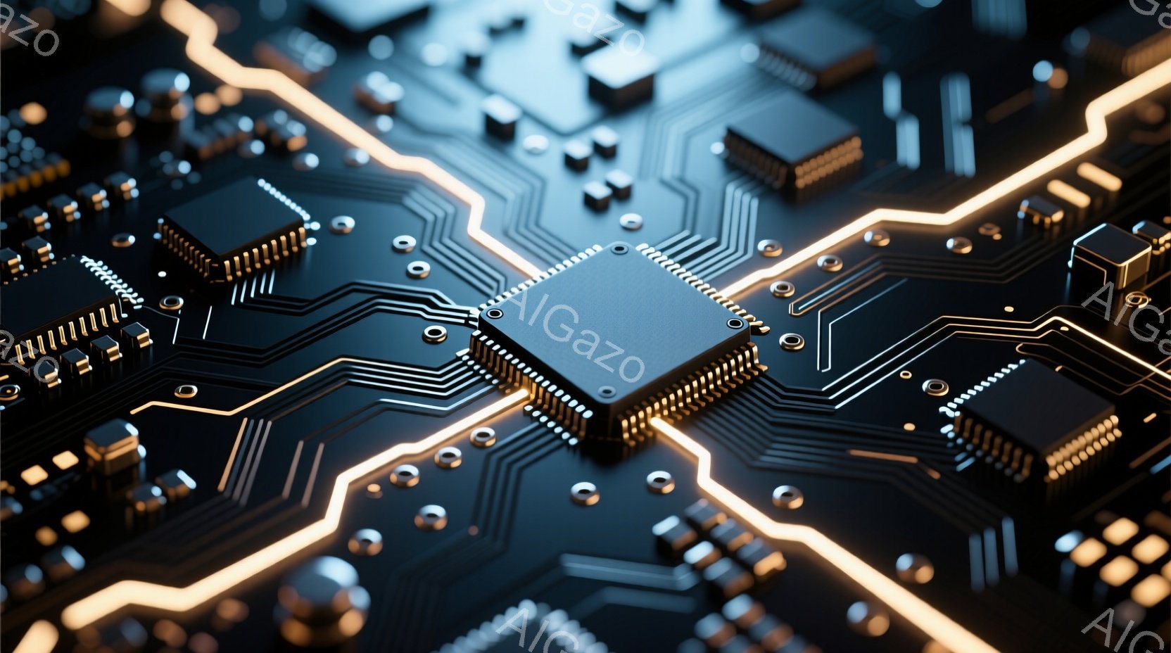 この画像は、複雑な電子回路基板のクローズアップです。基板上には、様々な電子部品が配置され、金色と銀色の配線が複雑に走り、鮮やかな光のラインが強調されています。全体的に未来的な雰囲気で、高度な技術と精密 - AI生成フリー素材