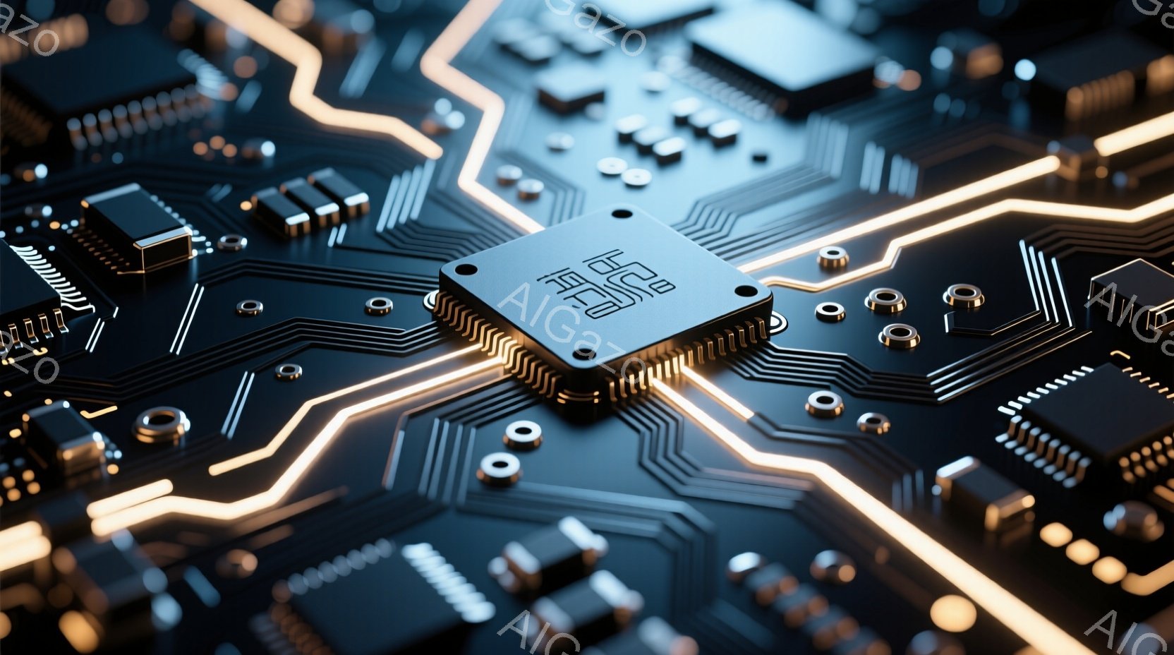 この画像は、複雑な回路基板をクローズアップしたものです。基板上には様々な電子部品が配置され、金色のラインがそれらを繋いでいます。全体的に暗い背景に金色のラインが光り、未来的なテクノロジーの雰囲気を醸し - AI生成フリー素材