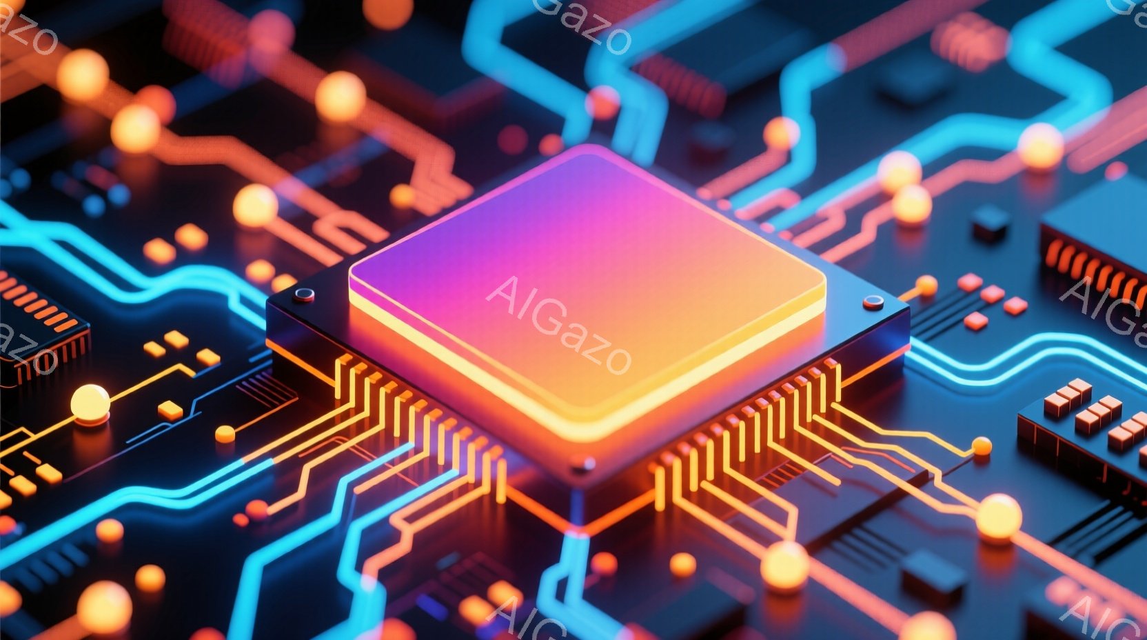 この画像は、回路基板をクローズアップしたもので、鮮やかなオレンジ色のチップが中央に位置しています。青とオレンジの光る配線が複雑に絡み合い、未来的な印象を与えます。全体的に、テクノロジー、電子機器、そし - AI生成フリー素材