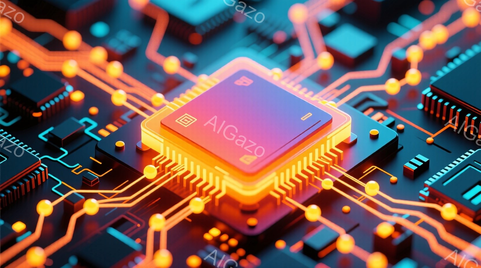 画像は、複雑な電子回路基板をクローズアップしたもので、中央に発光するチップが配置されています。鮮やかなオレンジと青色の光が回路網を照らし、未来的なテクノロジーの雰囲気を醸し出しています。回路は精密に設 - AI生成フリー素材