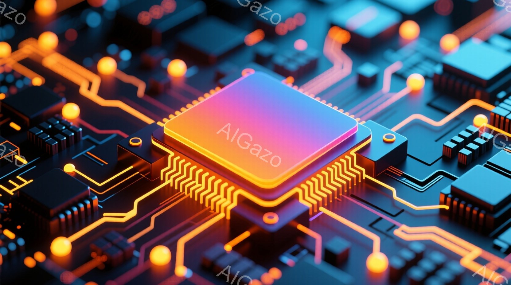 鮮やかなオレンジと紫色のマイクロチップが、複雑な回路基板上に配置されている。回路はネオンオレンジ色で光り、基板全体に広がり、未来的な印象を与える。全体的に、高技術で洗練されたデジタル世界の雰囲気を醸し出している。