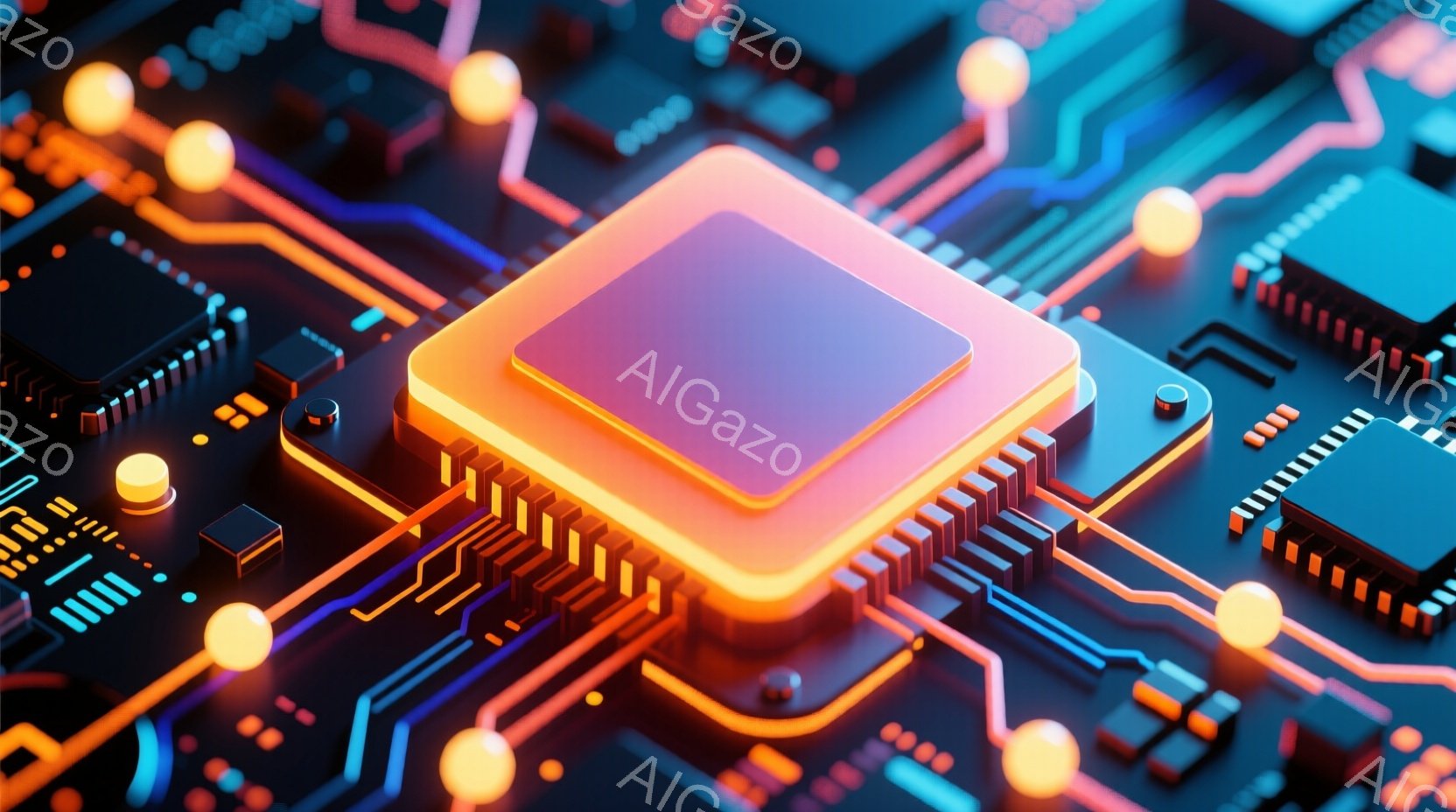 この画像は、回路基板をクローズアップしたもので、中央に光るオレンジ色のチップが配置されています。基板上には、様々な電子部品が配置されており、オレンジと青のネオンライトのような光が流れています。全体的に未来的な雰囲気で、高度なテクノロジーを表現しているように見えます。