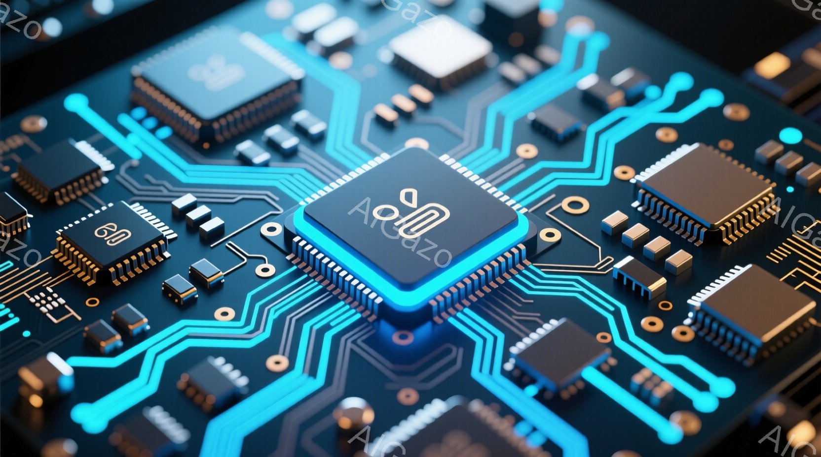 この画像は、複雑な電子回路基板をクローズアップしたものです。基板上には、様々な電子部品が密集しており、中央には青色の発光ダイオード（LED）が埋め込まれたチップが配置されています。鮮やかな青色の光が回 - AI生成フリー素材