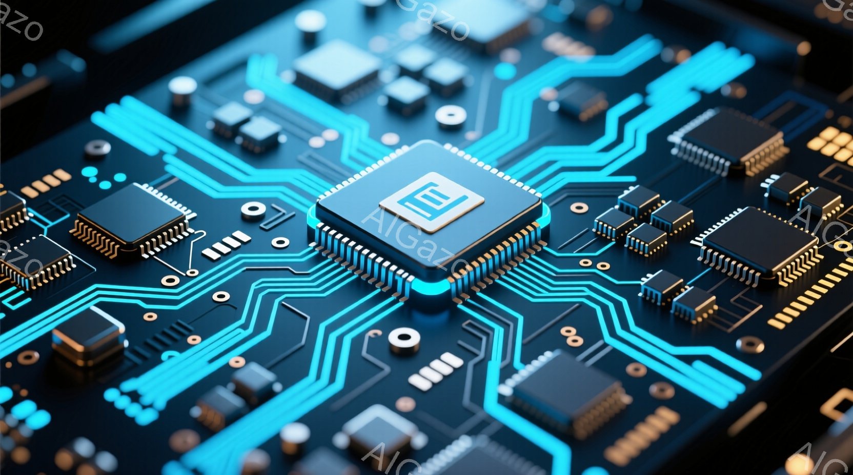 この画像は、回路基板のクローズアップであり、鮮やかな青色の配線が複雑に組み合わさっています。中央には、青い発光リングを持つ主要なチップが配置されており、その周りには様々な電子部品が密集しています。全体 - AI生成フリー素材