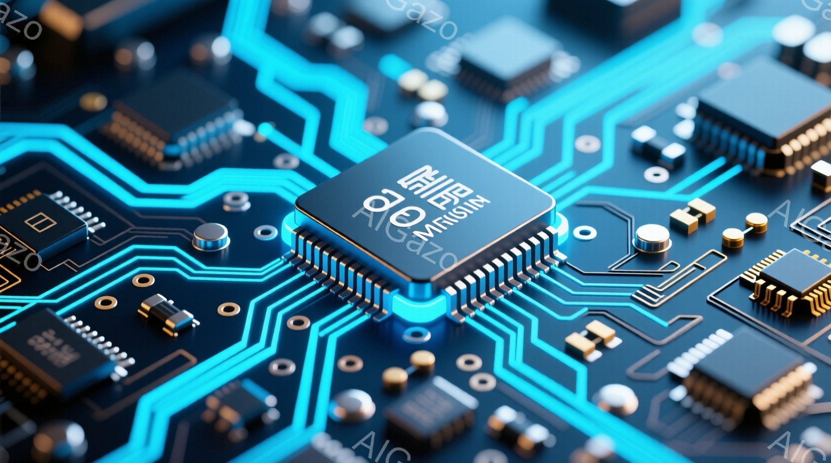 この画像は、青色の回路基板が詳細に描写されており、さまざまな電子部品が搭載されています。中央には、発光している大きなICチップが配置され、その周囲に抵抗、コンデンサ、その他の小型部品が規則的に配置され - AI生成フリー素材
