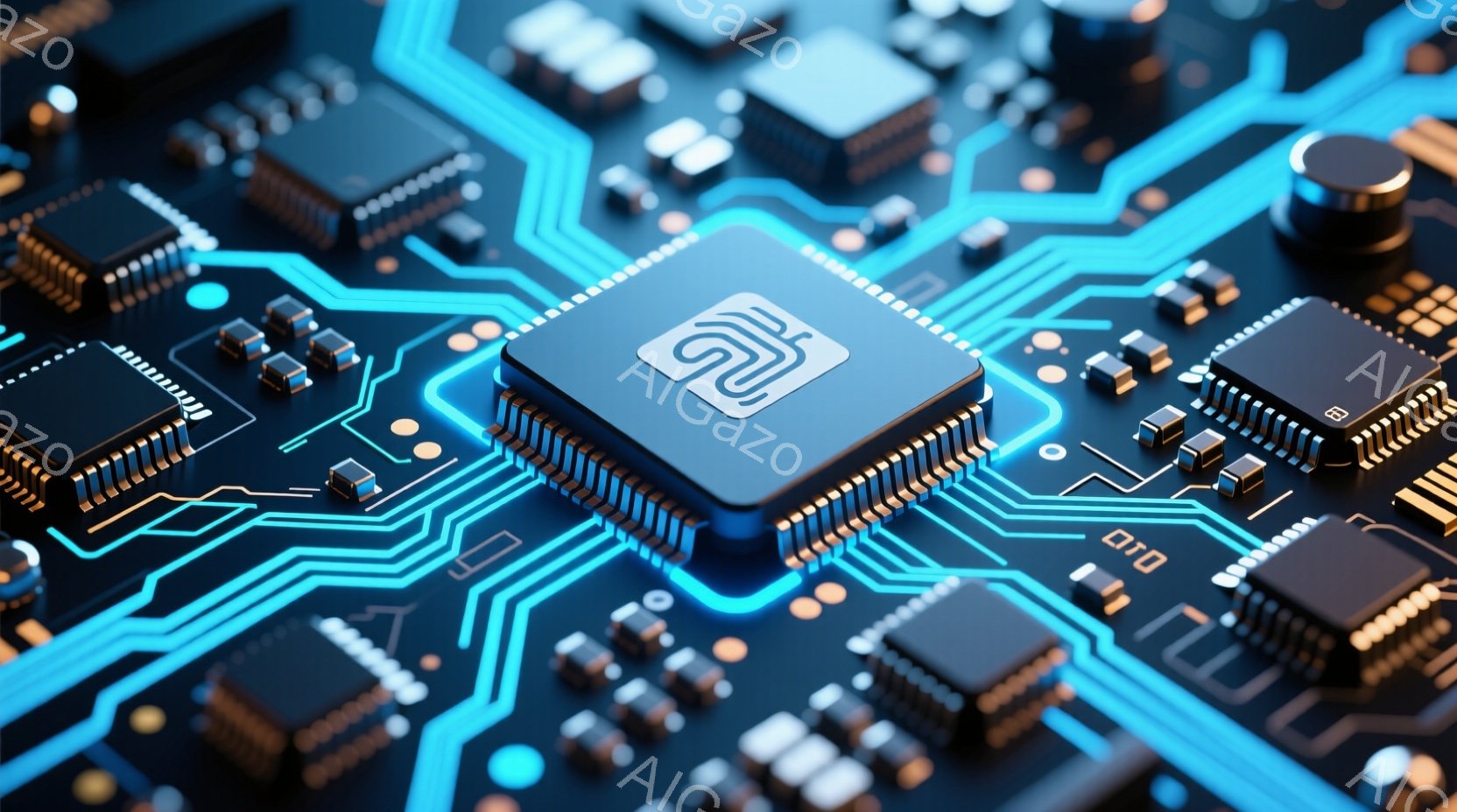 この画像は、複雑な電子回路基板のクローズアップです。中央には銀色の紋章のようなデザインが刻まれた大きなプロセッサが配置され、周囲には様々な電子部品が密集しています。鮮やかな水色の回路パターンが基板全体 - AI生成フリー素材