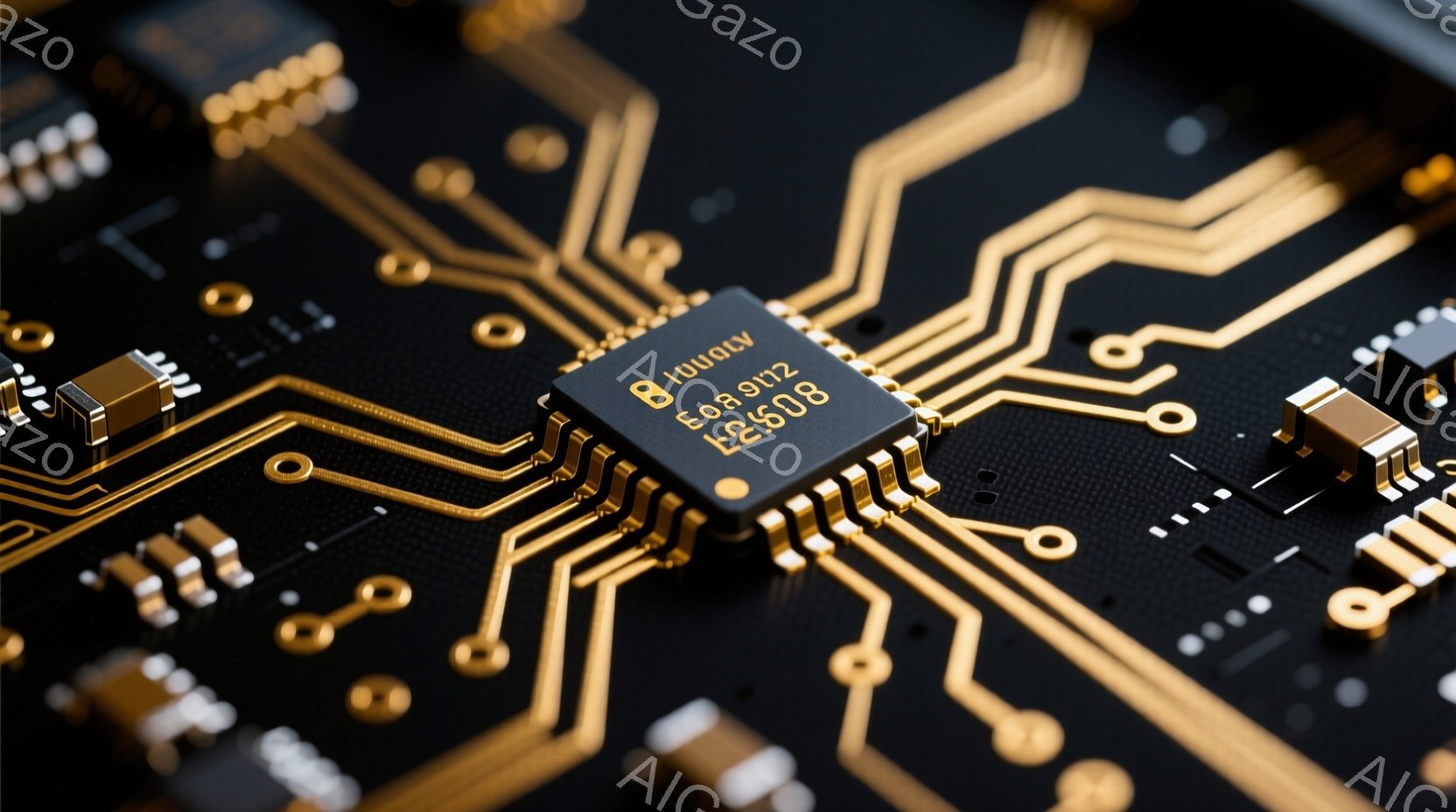 黒い背景に金色の回路基板が広がっており、中央には小さな黒いICチップが配置されている。精密な配線と部品が複雑に組み合わさり、高度な技術を想起させる。全体的にシャープな印象で、電子機器の内部構造を強調している。
