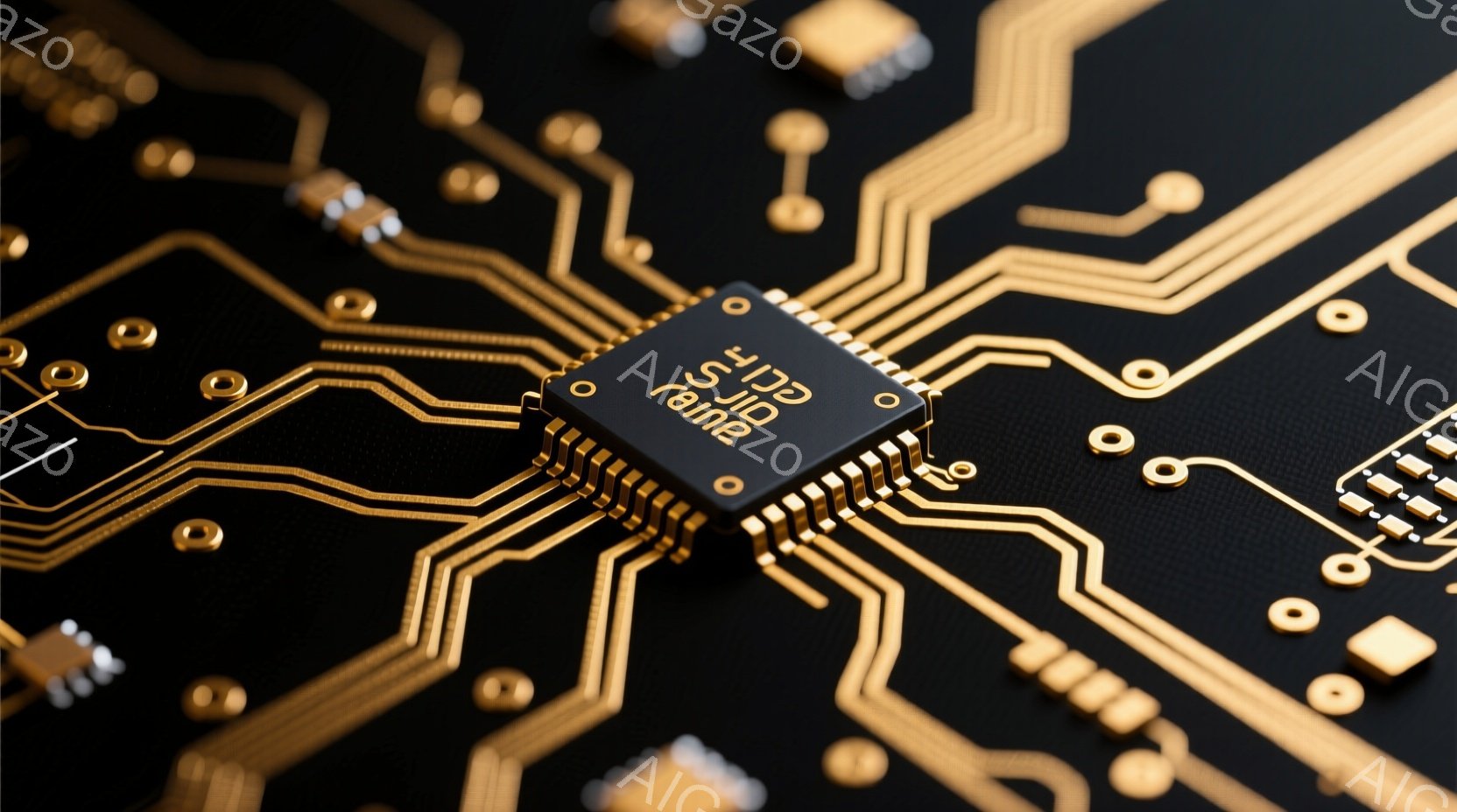 黒い背景に金色の配線が複雑に描かれたプリント基板が写っている。基板の中央には、銀色の小さなICチップが実装されており、高密度な電子回路が強調されている。全体的に、精密さと技術的な洗練さを感じさせる、近 - AI生成フリー素材