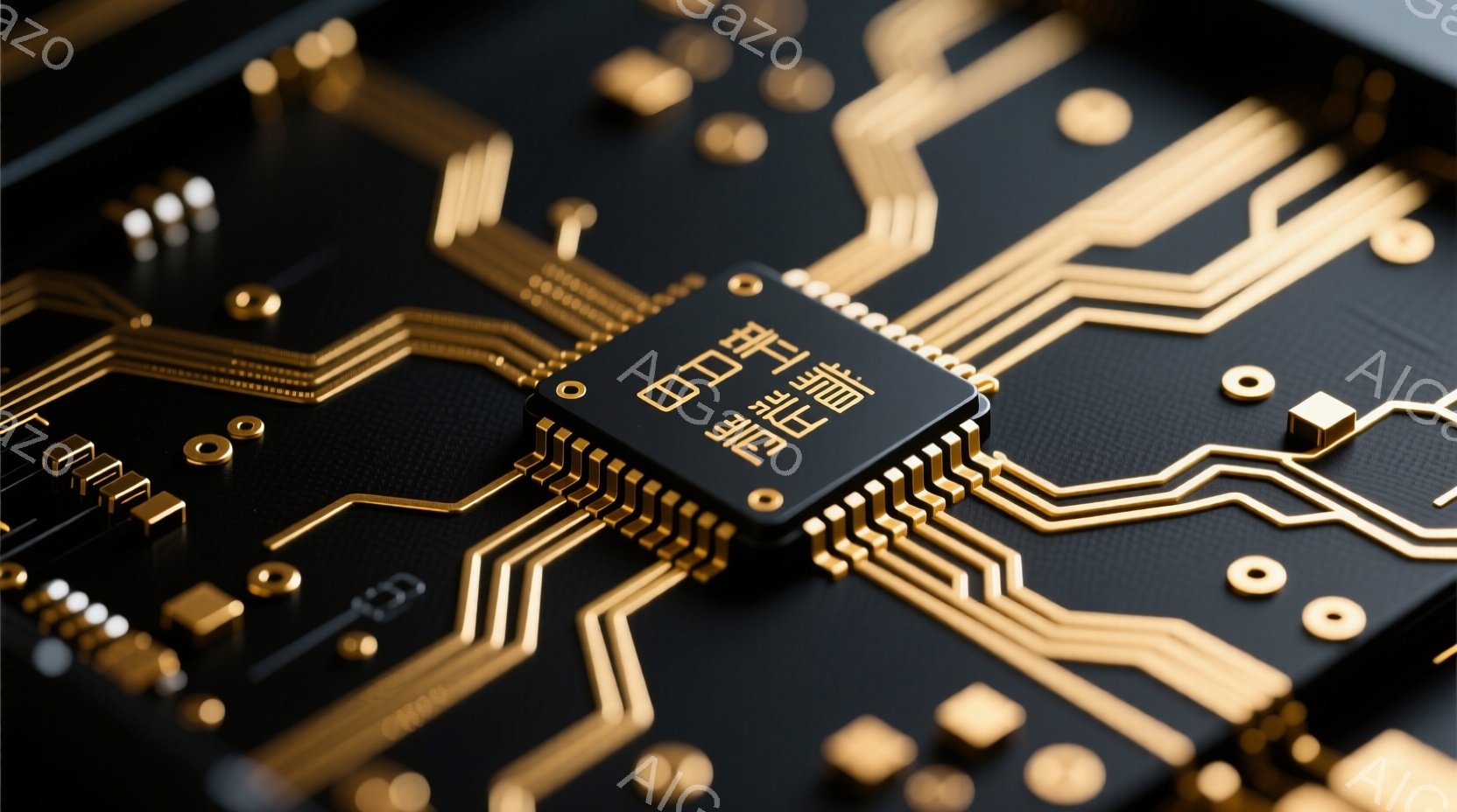黒い基板上に金色の配線が複雑に張り巡らされ、中央に小さな黒いICチップが実装されている様子が捉えられている。配線は細く繊細で、回路の複雑さを表現しており、チップは精密機械の一部として、その存在感を際立たせている。全体的に、高精密度な電子機器の内部構造を想起させる、近未来的で技術的な雰囲気が漂う。