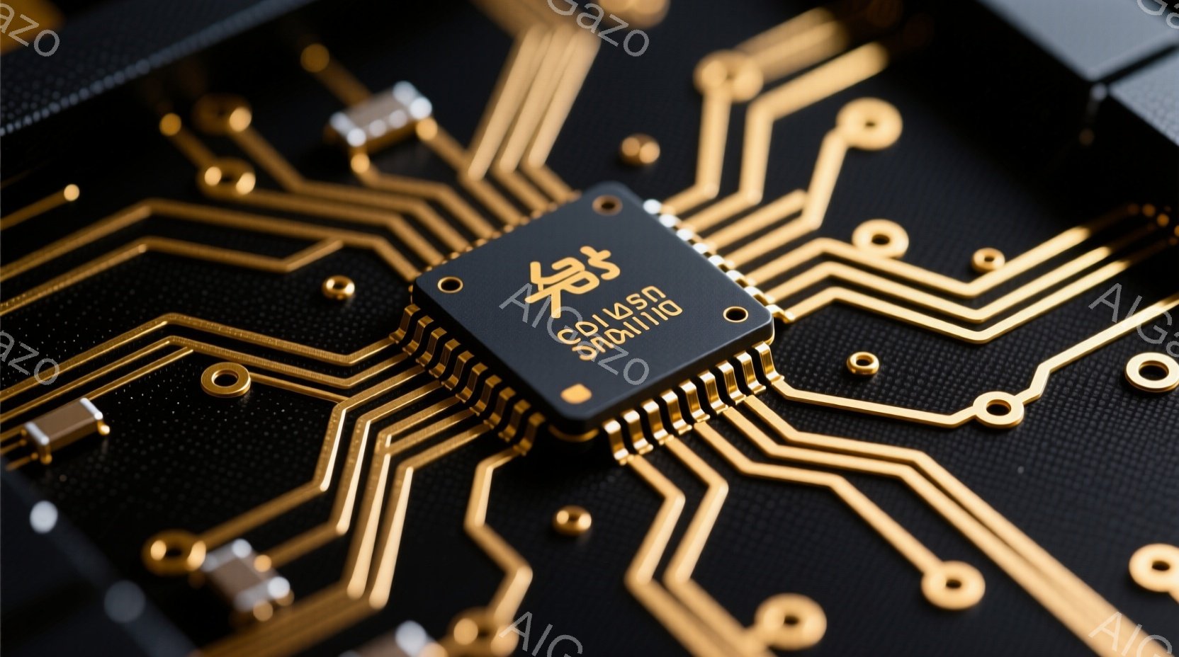 黒い基板上に金色の配線が複雑に張り巡らされ、中央には黒いICチップが搭載されています。ICチップは多数のピンを持っており、基板との接続を強固にしています。金色の配線と黒いチップのコントラストが、高度な技術を連想させる印象を与えています。